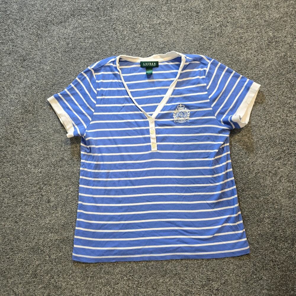 Lauren Ralph Lauren Top Womens Size Large Blue Striped Henley Embroidery Casual